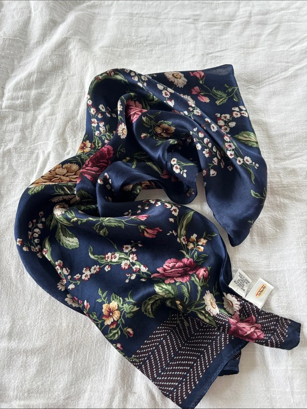 Vintage Talbots silk scarf, navy w/rose/tan/green/cream flowers, Japan, 57x11”